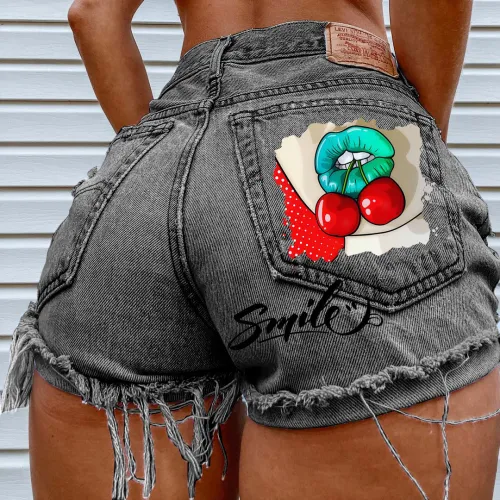 Fashion Wash Blue Jeans shorts cherry