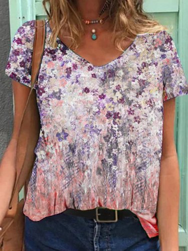 Pastoral Short Sleeve Floral Jersey Shirts & Tops