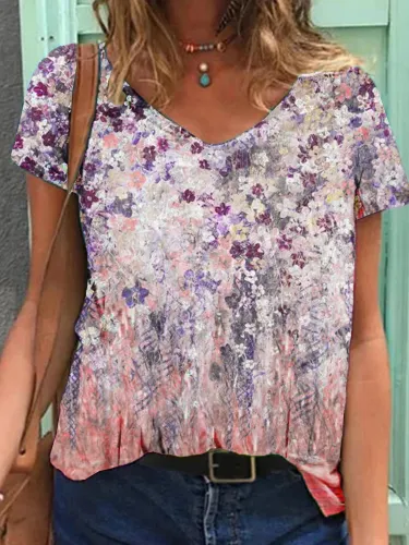 Pastoral Short Sleeve Floral Jersey Shirts & Tops