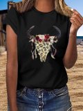 Vintage Short Sleeve Boho Horns Floral Printed Plus Size Casual Tops