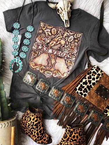 Black Printed Short Sleeve Crew Neck Vintage Shirts & Tops