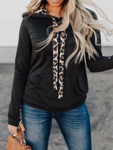 Black Cotton Hoodie Long Sleeve Leopard Shirts & Tops
