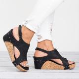 Plus Size Peep Toe PU Wedges Blocking Hook-Loop Wedge Sandals