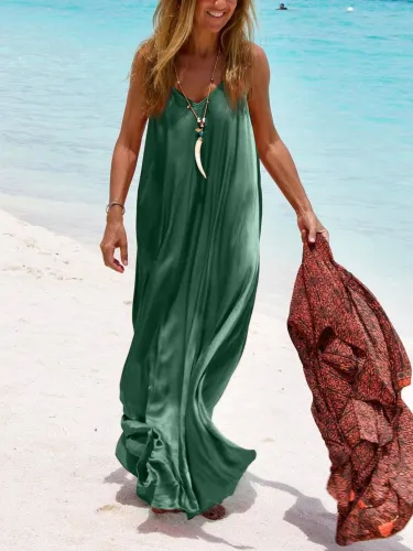 Plus Size  V-neck Sleeveless Casual Sling  Long  Dress