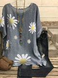 Casual Printed Sun Flower Cotton Round Neck Shirts & Tops