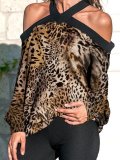 Long Sleeve Vintage Leopard Off Shoulder Shirts & Tops
