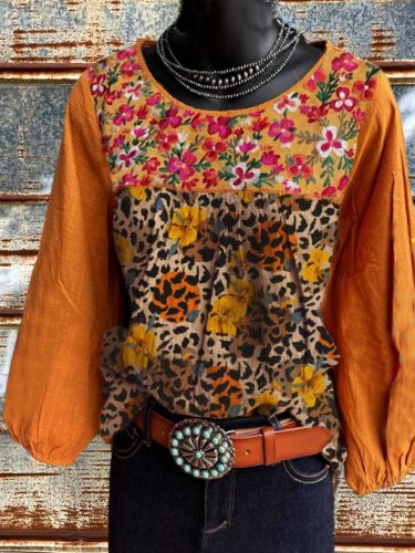 Cotton-Blend Leopard Long Sleeve Shirts & Tops