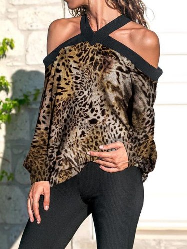 Long Sleeve Vintage Leopard Off Shoulder Shirts & Tops