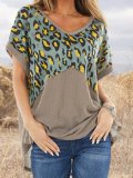Leopard Crew Neck Vintage Floral-Print Shirts & Tops