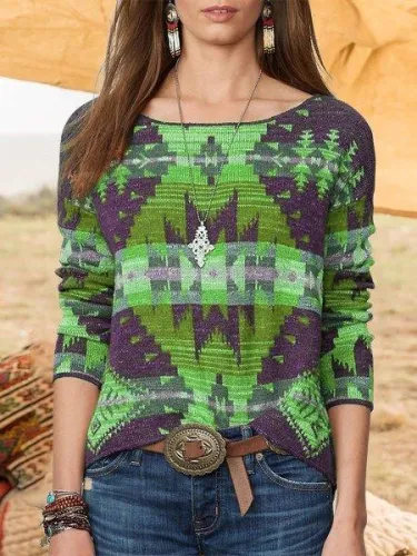 Plus Size Geometric Long Sleeve Boho Tops