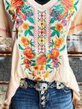 V Neck Casual Short Sleeve Floral Shirts & Tops