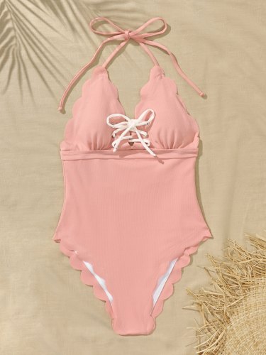 Front Lace-up Halter Collar One-Piece Swimsuit
