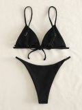 Ruffle Hem Solid Thong Bikini
