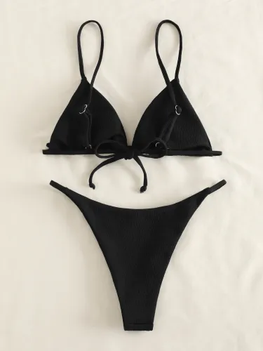 Ruffle Hem Solid Thong Bikini