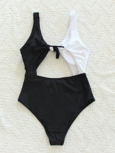 Two Tone Colorblock Front Knot One-Piece Swimsuit