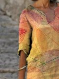 Yellow Casual V Neck Leaves Dresses