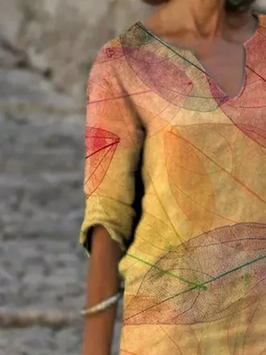 Yellow Casual V Neck Leaves Dresses