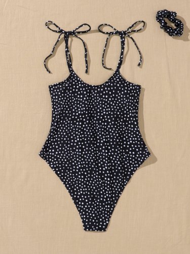 Polka Dot Print Tied Shoulder Swimsuit
