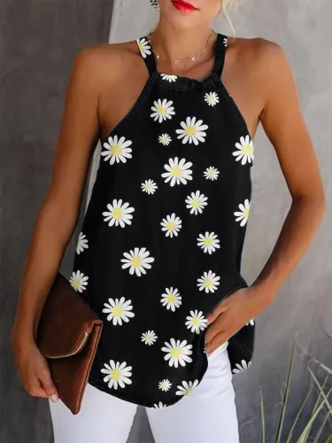 Summer casual daisy print off-shoulder T-shirt