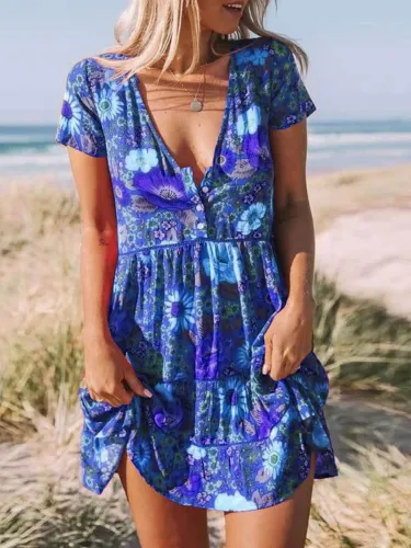 Buttoned Short Sleeve Floral Cotton-Blend Dresses