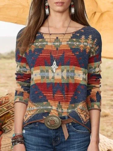 Plus Size Geometric Long Sleeve Boho Tops