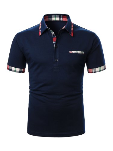 Men's Plaid Trim Button Polo Shirt