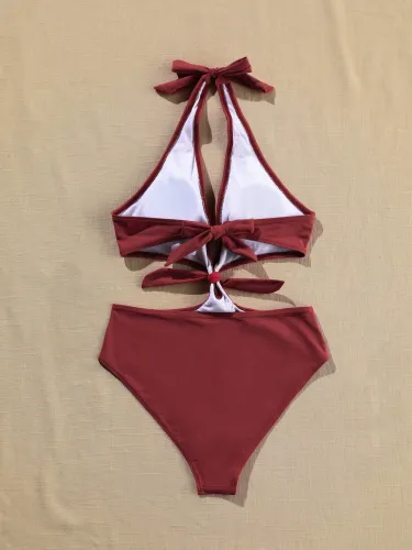 Solid Halter Collar One-piece Swimwear