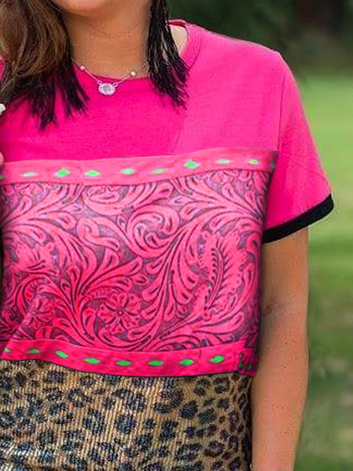 Printed Short Sleeve Leopard Crew Neck Shirts & Tops