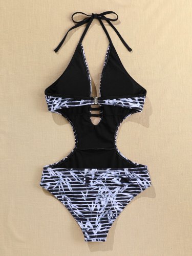Leaf Stripe Print Plunging Cut Out One-Piece Swimsuit