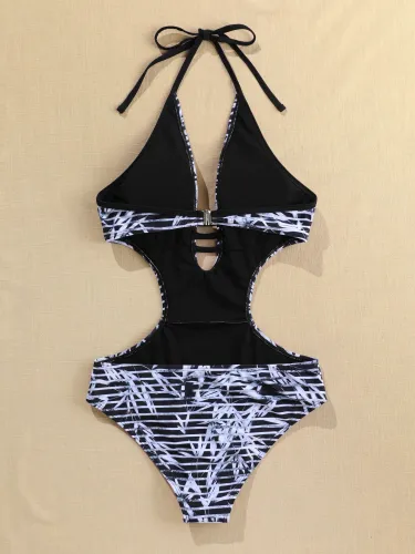 Leaf Stripe Print Plunging Cut Out One-Piece Swimsuit