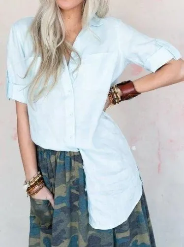 Short Sleeve Plain Casual Cotton-Blend Shirts & Tops