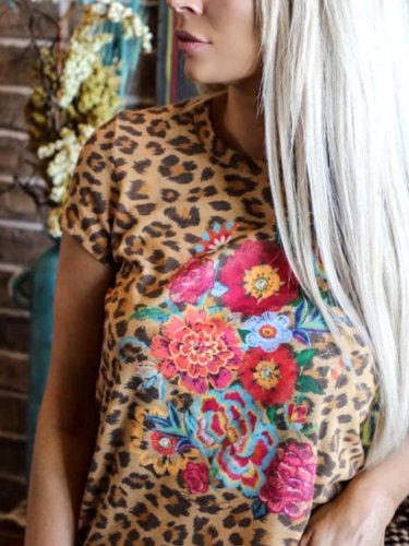 Short Sleeve Jersey Leopard Shirts & Tops