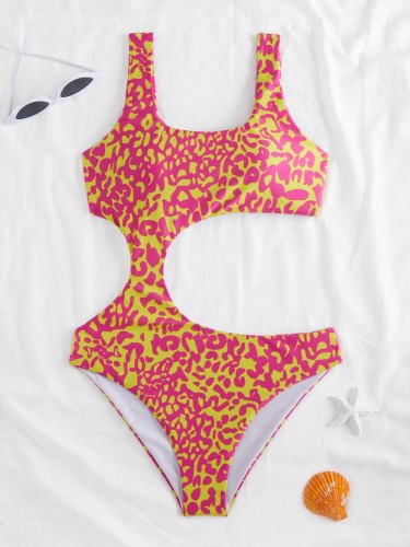 Contrast Leopard Print Cut Out One-Piece Swimsuit
