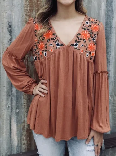 Floral V Neck Long Sleeve Cotton-Blend Shirts & Tops