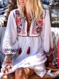 White Holiday Casual Boho Floral Printed A-Line V Neck 3/4 Sleeve Dresses