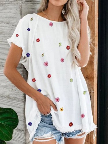 Cotton-Blend Casual Floral Printed Shirts & Tops