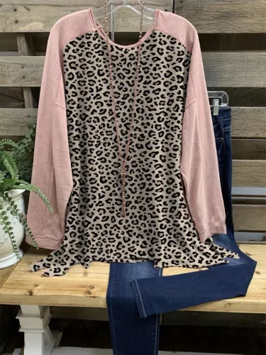Pink Round Neck Casual Leopard Shirts & Tops