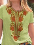 Crew Neck Color-Block Cotton-Blend Short Sleeve Shirts & Tops