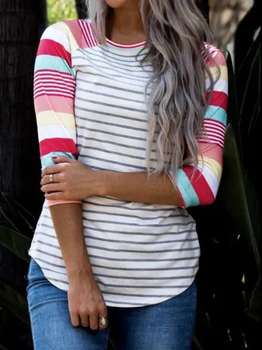 Crew Neck Printed 3/4 Sleeve Stripes Shirts & Tops