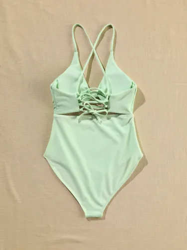 Solid Crisscross Cutout One-Piece Swimwear