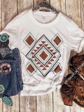 White Printed Jersey Casual Geometric Shirts & Tops