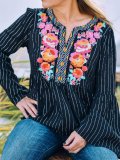Long Sleeve Floral-Print V Neck Cotton-Blend Shirts & Tops