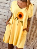 Yellow Floral Date Daily Casual V neck A-Line Short Sleeve Dresses