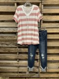Pink-White Short Sleeve Shift Cotton-Blend Casual Tee