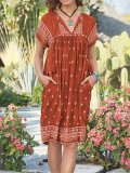 Holiday Tribal Printed V-neck Short Sleeve Pockets Dress