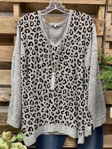 Casual Long Sleeve Color-Block Leopard Shirts & Tops