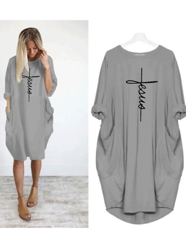 Casual Plus Size Pocket Printed Shirt Dresses