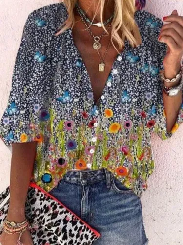 V Neck Floral Holiday Long Sleeve Shirts & Tops