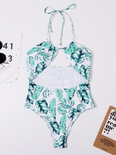 Leaf Print Cutout Halter One-Piece Swimwear