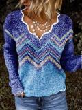 Purple Exotic V Neck Long Sleeve Stripes Sweater